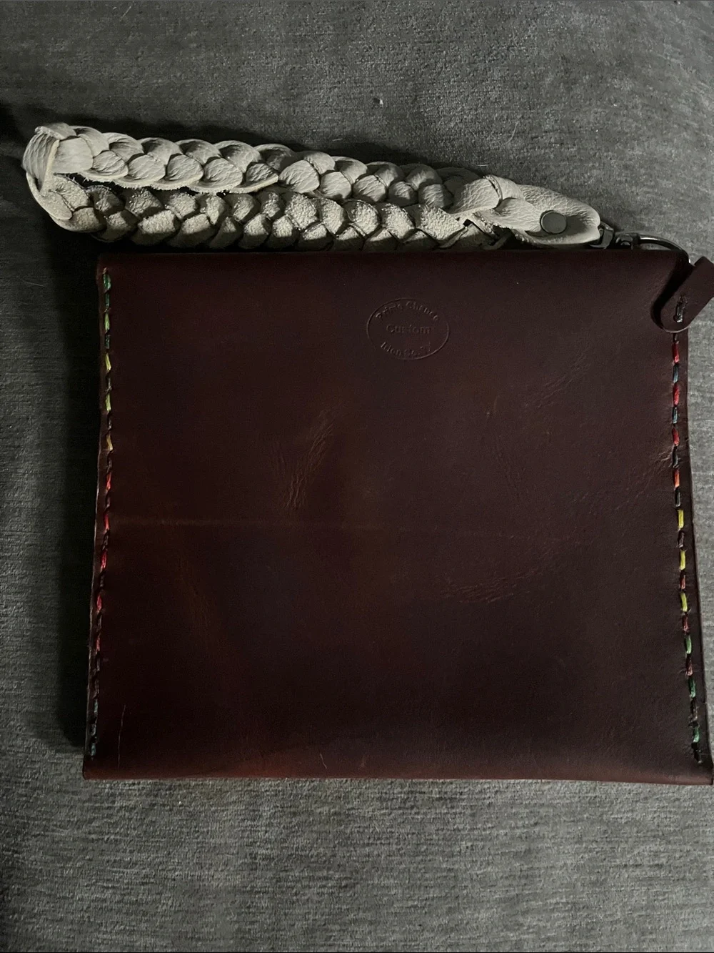 Dark Brown Leather Wallet Clutch with cream braided strap. Multi colored stitch